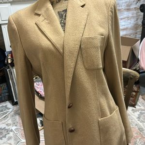 RALPH LAUREN “camel hair” brown blazer leather buttons patch pockets. 14.